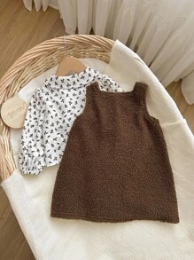 SHEIN Babygirl 可爱百搭兔子图案连衣裙和花卉长袖衬衫套装