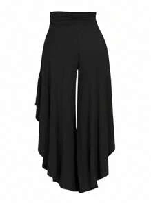 Rometta 大尺碼純色不對稱寬腿褲 - 黑色 - 查看 6