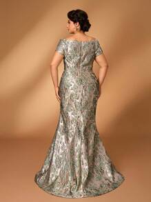 Serin Robe élégante et luxueuse grande taille en jacquard avec épaules dénudées, nœud papillon, fente et queue de poisson, convenant pour les mariages, événements, fêtes, lunes de miel, galas, mères de la mariée, l'été