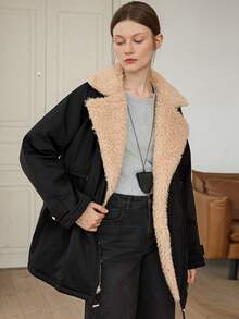 DAZY Black Winter Casual Everyday Women Padded Coat Coat, Loose Street Style Oversized Fur Collar Color Block Pocket Decor Drawstring Cinched Waist Coat - Black - View 10