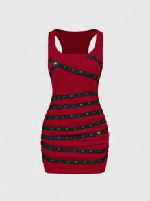 ROMWE Grunge Punk Back To School  Sleeveless Sexy Mini Dress For Women, Backless, Round Neck, Studded, Rhinestone, Ribbon, Suitable For Graduation, Easter, Concert, Nashville Vacation, Music Festival, Rock