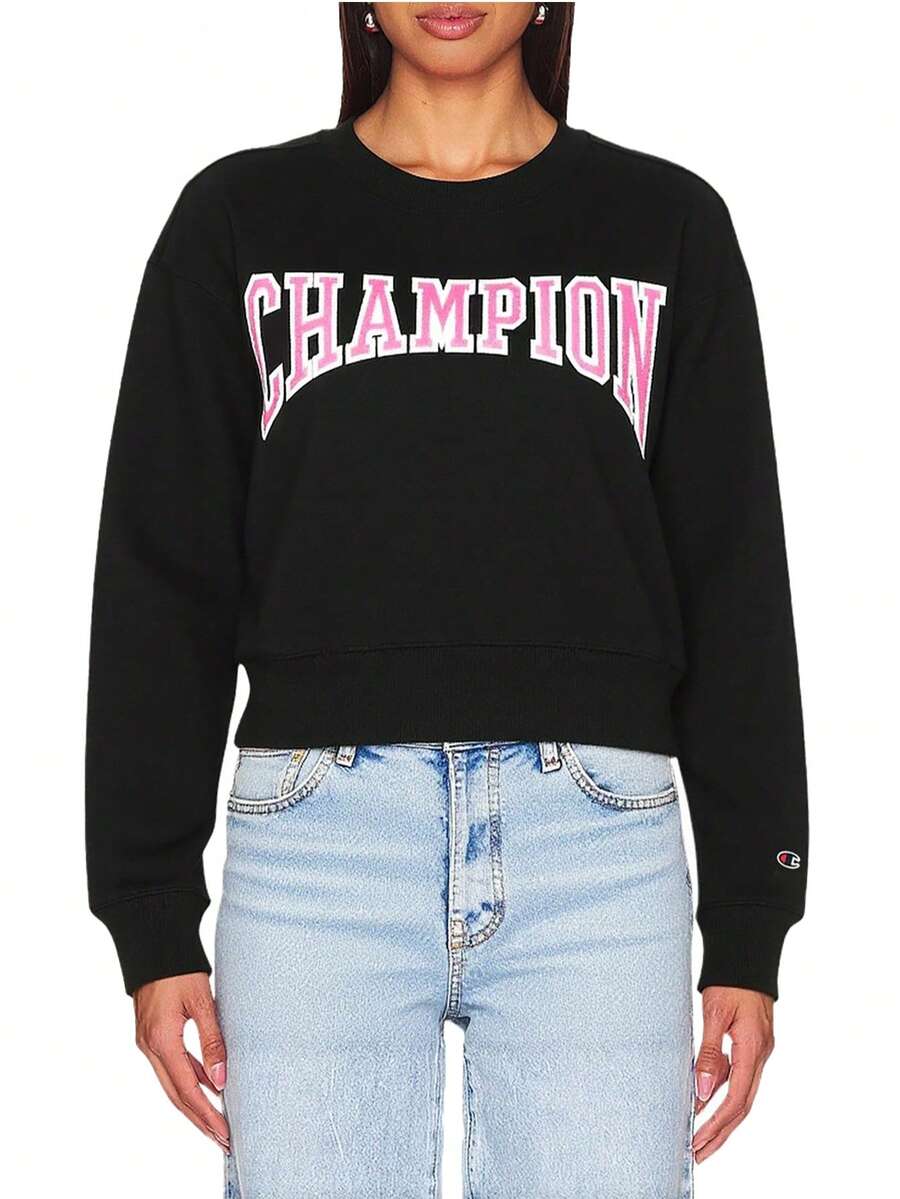 Champion Casual Versatile Letter Embroidered Crew Neck Sweatshirt - Black - View 1