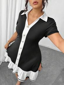 Elenzga V 领黑白撞色荷叶边腰部修身迷你连衣裙，优雅紧身晚礼服（加大码） - 黑與白 - 查看 7