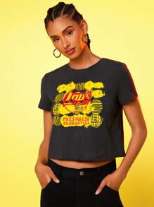 Lay's X SHEIN Women's Black Letter Graphic Round Neck Short Sleeve T-Shirt - Grey - View 5