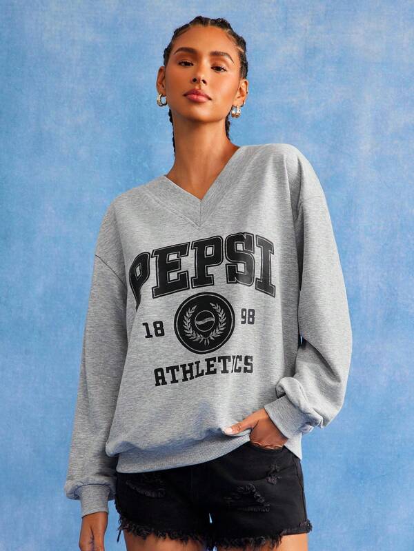 PEPSI X SHEIN Women's Letter Graphic V-Neck Casual Long Sleeve Sweatshirt