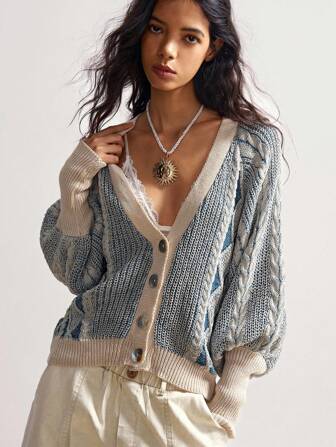 Bohemela Winter Women's Solid Color Vintage Red Minimalist Geometric Pattern Lantern Sleeve Single-Breasted Casual Knit Cardigan, Everyday Wear, Christmas Sweater, New Year Sweater