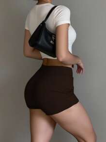 INAWLY Women Solid Color Drawstring Waist Skinny Casual Shorts - Brown - View 2