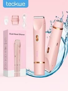 Teckwe Women Bikini Trimmer, Dual-Head Hair Trimmer For Women, 2-In-1 Bikini Shaver With Ceramic Blade Heads & Type-C Charging Port, Electric Razors For Women Pubic Hair,Underarms,Legs,Arms,Face,Pink