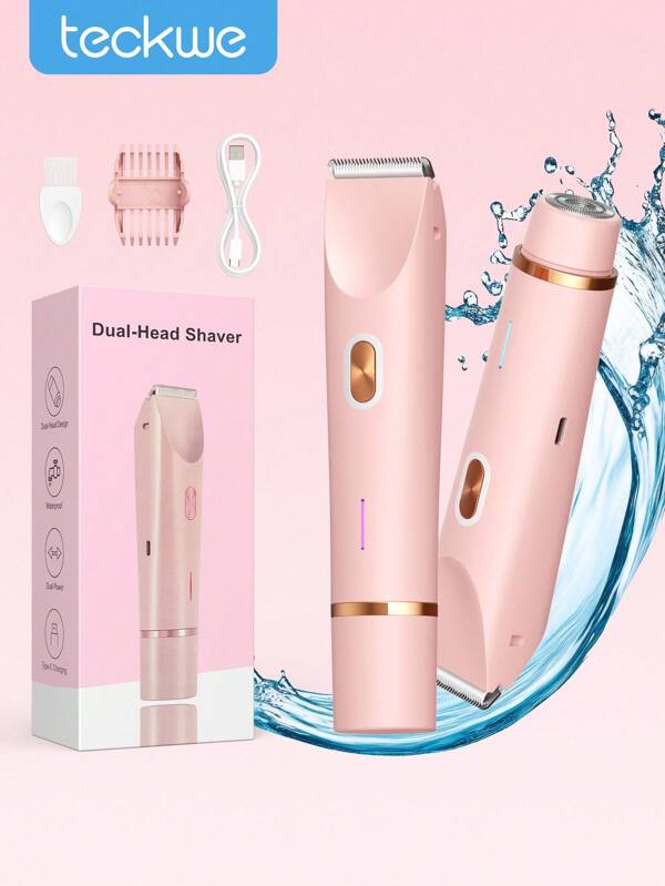 Teckwe Women Bikini Trimmer, Dual-Head Hair Trimmer For Women, 2-In-1 Bikini Shaver With Ceramic Blade Heads & Type-C Charging Port, Electric Razors For Women Pubic Hair,Underarms,Legs,Arms,Face,Pink