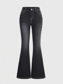 ROMWE Grunge Punk Women's Casual Washed Rhinestone Flared Jeans - Black - View 2