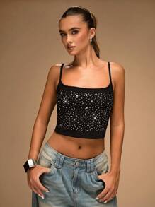 SHEIN BAE 女士休闲时尚水钻装饰性感短款吊带背心 - 黑色 - 查看 6