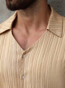 Manfinity Homme Men's Single-Breasted Plain Casual Short Sleeve Shirt And Pants Set - Khaki - View 3