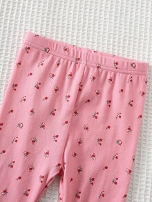 Cozy Pixies 2pcs Baby Girl Floral Print Knit Soft Round Neck Drop Shoulder Top And Elastic Waist Flare Pants Set Baby Girl Pants And Top Baby Girl Two Piece Set Bow Baby Girl Outfit - Pink - View 8