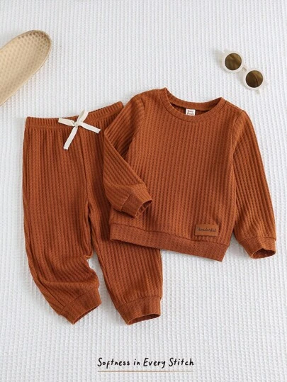 Cozy Pixies 2件套男婴针织柔软圆领长袖运动衫和松紧腰裤套装