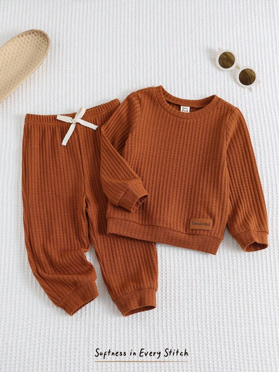 Cozy Pixies 2件套男婴针织柔软圆领长袖运动衫和松紧腰裤套装 - 乾枯玫瑰色 - 查看 1