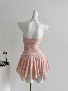 Sweetra Asymmetrical Hemline Y2K Sexy Ribbed Fabric Cropped Camisole Dress - Pink - View 2