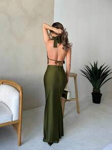 Jemour 女式纯色荷叶边下摆深 V 领露背背心和鱼尾迷你裙性感两件套 - 軍綠色 - 查看 2