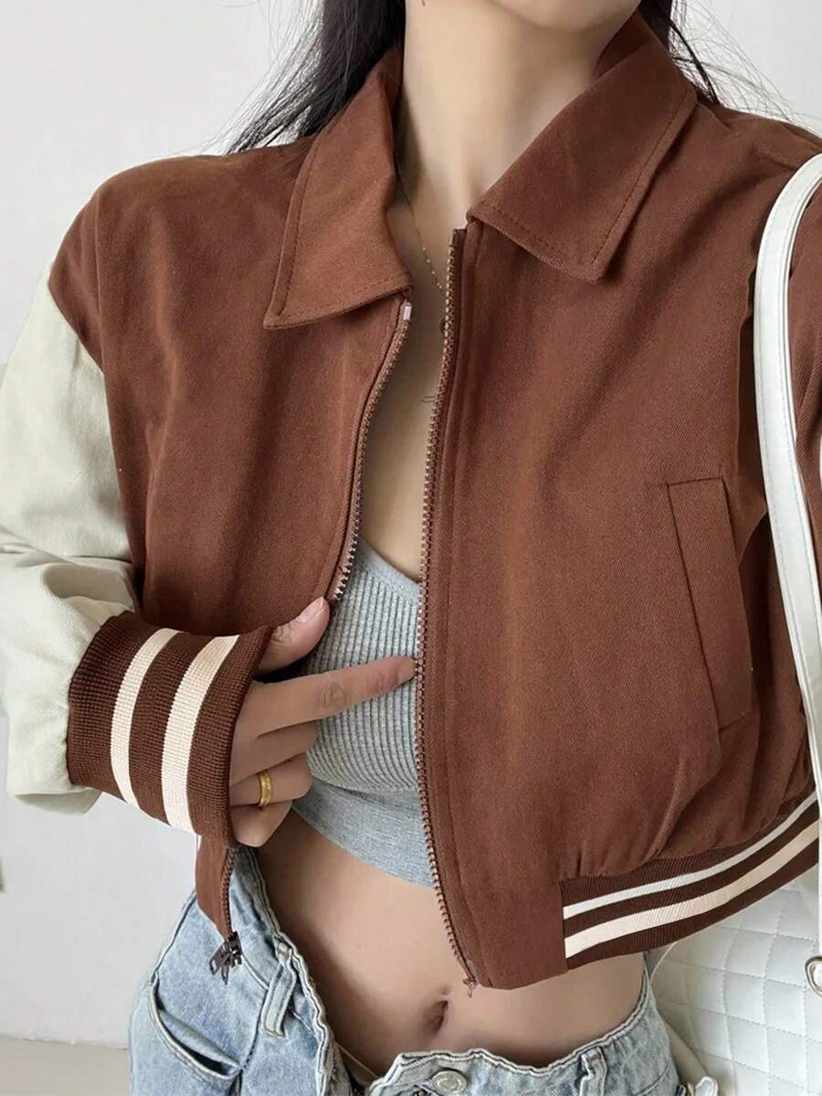 DAZY 撞色运动短外套，学院风拉链长袖连帽衫，立领棒球夹克女式外套 - 棕色 - 查看 1
