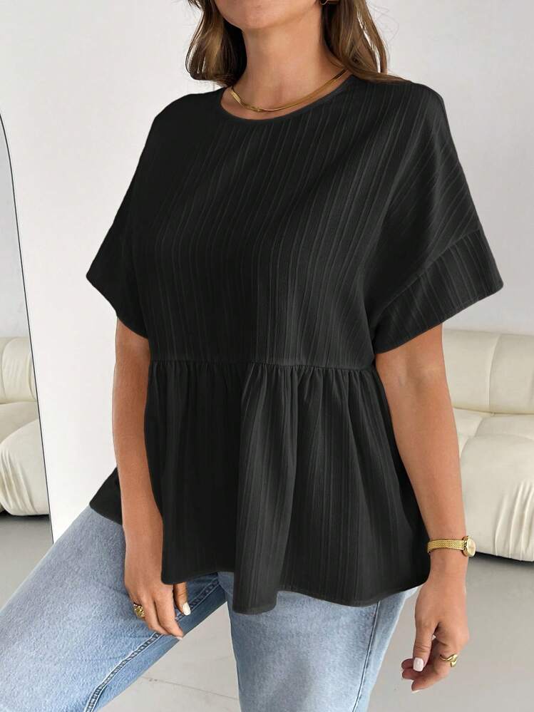 SHEIN Essnce Plusstorlekar Dam Vår- och sommarmode Casual Löst Bekvämt Dagligt Mångsidigt Smalt Texturerat Tyg Gul Kortärmad Blus, Enkel Stil, Kurviga Söta Toppar, Utekvällstopp, Europeisk Sommar, Volangtoppar, Brunch För Damer - Svart - Visa 3