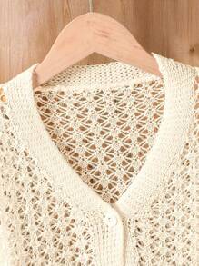 Girls Solid Hollow V-Neck Cardigan, Spring/Summer Fall Winter - Apricot - View 5