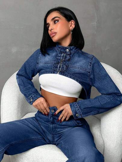 EURMUSE Y2K Street Fashion Super Cropped Moto Jeansjacka Med Häftig Halsringning Och Spänne Framtill