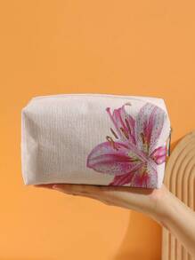 ROMWE Kawaii Pink Base Lily Flower Pattern Octagonal Velvet Cosmetic Bag