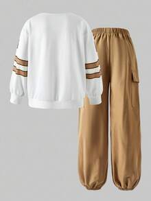 SHEIN Explorewe 2 Stücke/Set Tween-Mädchen sportlicher farbblockiges Numerik-Muster Langarm Strickpullover und seitlichen Taschen Cargo Hose cooles Mädchen Alltagsset, Frühling/Herbst - Braun - Übersicht 2