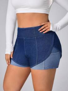 Flexra سروال جينز قصير متسع للخصر مرن للنساء من المقاسات الكبيرة - الأزرق - مشاهدة 4