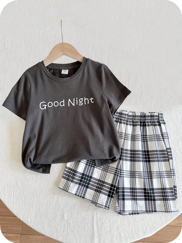 SHEIN 2pcs/Set Young Boys Casual Dozemod Brand Letter Print Round Neck Tee & Plaid Shorts Lounge Pajama Set, Relaxed Fit