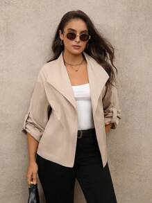 Juhart Jaqueta plus size feminina, tecido regular, casual, manga comprida, damasco, primavera e outono - Damasco - Ver 1