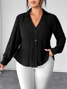 Elenzga 加大码 V 领蕾丝拼接长袖女式优雅蝴蝶结露背外出上衣衬衫 - 黑色 - 查看 4