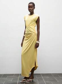 Lumivelle Women's Solid Color Round Neck High Waist Knot Design Summer Dress Cream Yellow Preppy Style - Yellow - View 1