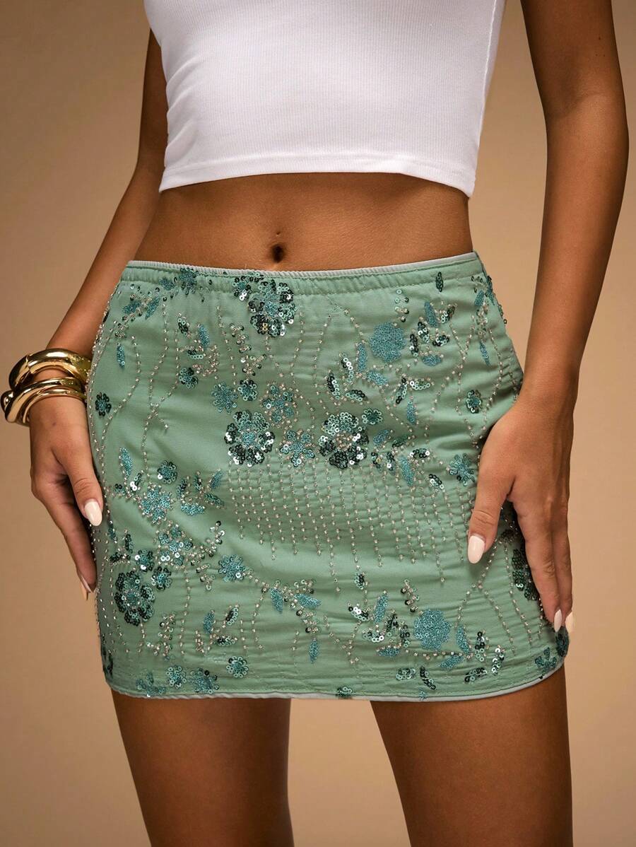 SHEIN BAE 春季女士西部公路旅行派对，刺绣亮片细节中腰女士半身裙，适合派对、休闲外出、节日庆典、街头活动 - 薄荷綠 - 查看 1