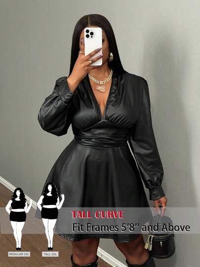 SHEIN Tall CURVE 优雅黑色 PU V 领荷叶边长袖大码女式百搭连衣裙，迷你长度适合春秋季节