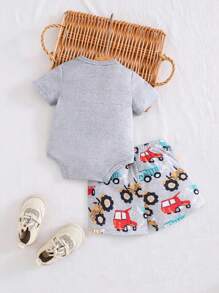 SHEIN Baby Boys' Cute Cartoon Car Print Bodysuit And Shorts Set, Spring/Summer Baby Boy Construction Vehicle Clothes Baby Car Clothes Baby Boy Summer Set Baby Boy Car Print Bodysuit - Multicolor - View 2