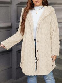 SHEIN LUNE 纹理毛绒温暖舒适纽扣装饰连帽大码夹克冬装女连帽开衫泰迪熊夹克女毛绒开衫长款开衫女大码女式开衫毛衣女式泰迪夹克泰迪大衣连帽泰迪夹克纽扣泰迪夹克长款泰迪大衣，女士秋季服装 - 杏色 - 查看 6