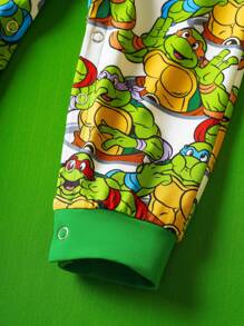 TEENAGE MUTANT NINJA TURTLES | SHEIN 男婴酷炫卡通海龟印花撞色袖口长袖连体裤 - 綠色 - 查看 6