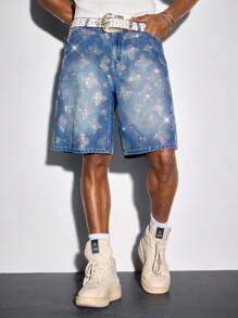 ROMWE MEN Street Life Quần short denim đính đá thời trang mùa hè cho nam - Màu xanh lam - Xem 6