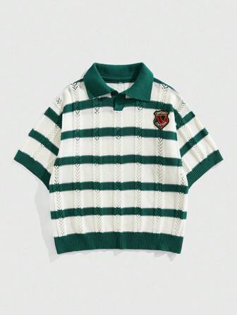 Street Life Maglione casual a manica corta da uomo a maglia con motivo a lettera e righe, con design traforato