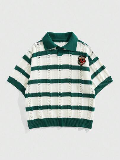 Street Life Men's Letter & Stripe Pattern Short Sleeve Hollow Out Knit Casual Sweater