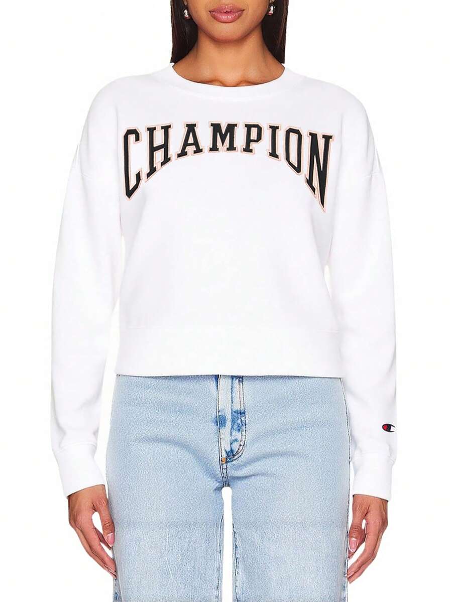 Champion Áo nỉ hở vai in chữ thường ngày cho nữ, mùa hè - trắng - Xem 1
