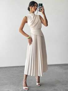 Firerie 女士优雅荷叶边无袖A字连衣裙/伞裙/返校季/学生装/派对/老钱风/外出装/派对装/办公室装/仿杏色半身裙 - 杏色 - 查看 7