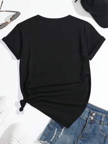 SHEIN 女士休闲时尚印花短袖常规圆领 T 恤 - 黑色 - 查看 2