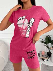EURMUSE Conjunto de pijama de algodón con gráficos de dibujos animados y lemas - Rosa Fucsia - Ver 6