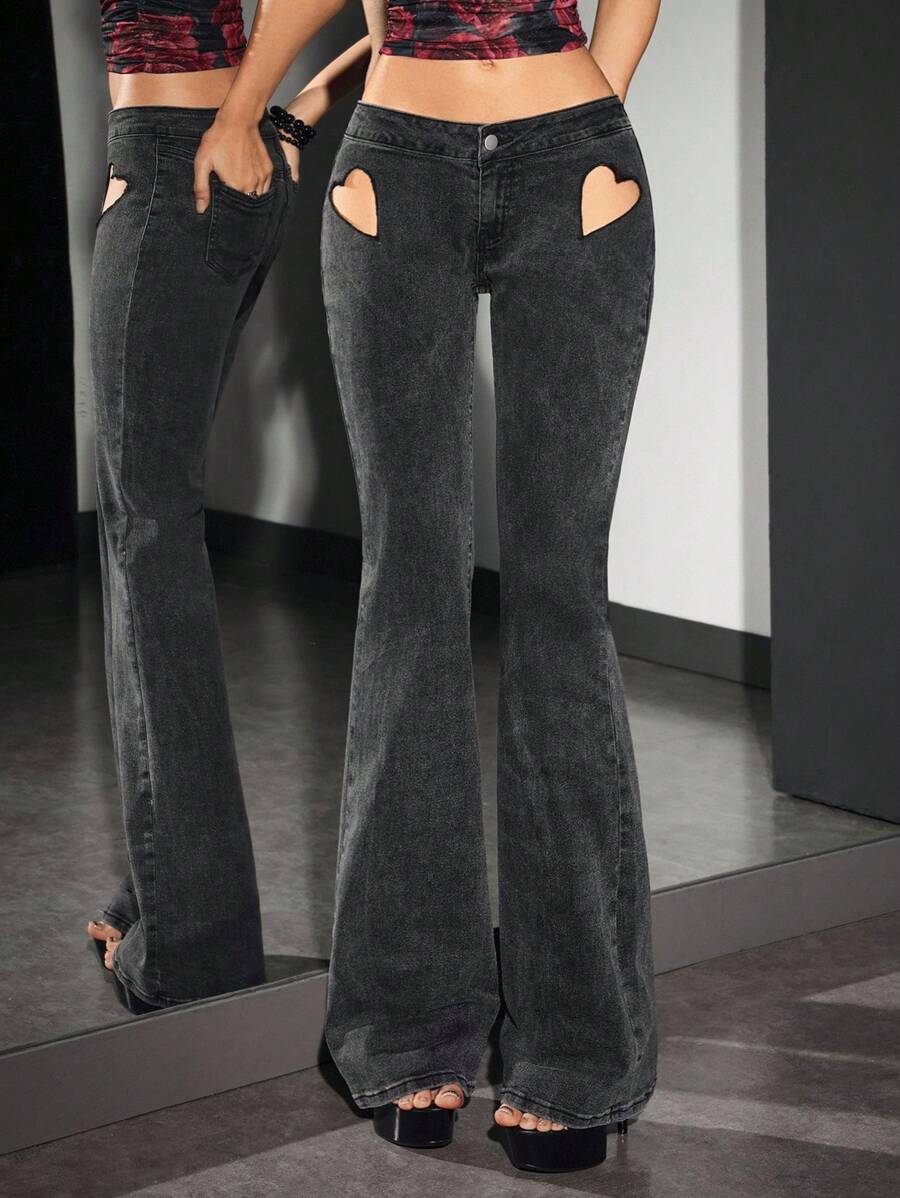 Jeanoix Women's Denim Super Low Rise Heart Cutout Flare Pants