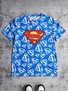 SUPERMAN X SHEIN 男士蓝色圆领短袖徽章图案T恤