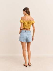 Nöista Butter Yellow Off-Shoulder Crop Top With Ruched Waist And Puff Sleeves. Perfect For 4th Of July Looks, And Cute Summer - Yellow - View 2