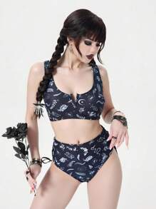 ROMWE Goth Bộ bikini xẻ tà họa tiết đầu xương và côn trùng chắp vá toàn thân dành cho kỳ nghỉ hè trên bãi biển dành cho nữ - Đen và trắng - Xem 4