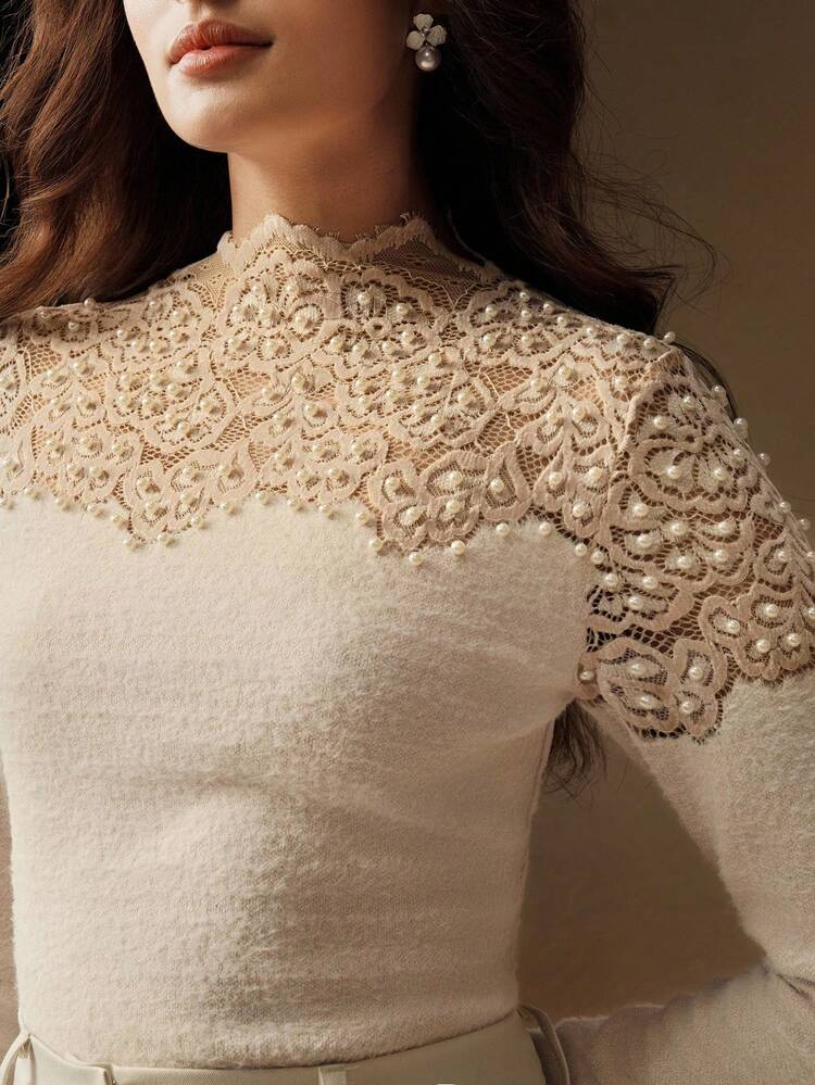 Elegant Form-Fitting Lace Crew Neck Long Sleeve Women Top