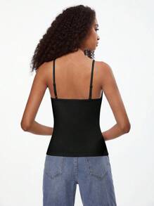 SHEIN BASICS 女款純色細肩帶背心上衣 簡約時尚日常休閒上衣 黑色 - 黑色 - 查看 3